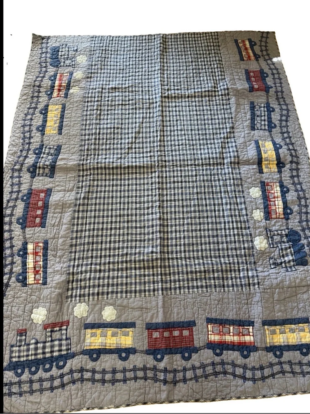 The Company Store CHOO-CHOO TRAINS Blue Red Plaid Chambray Kid Twin Quilt 83x63”